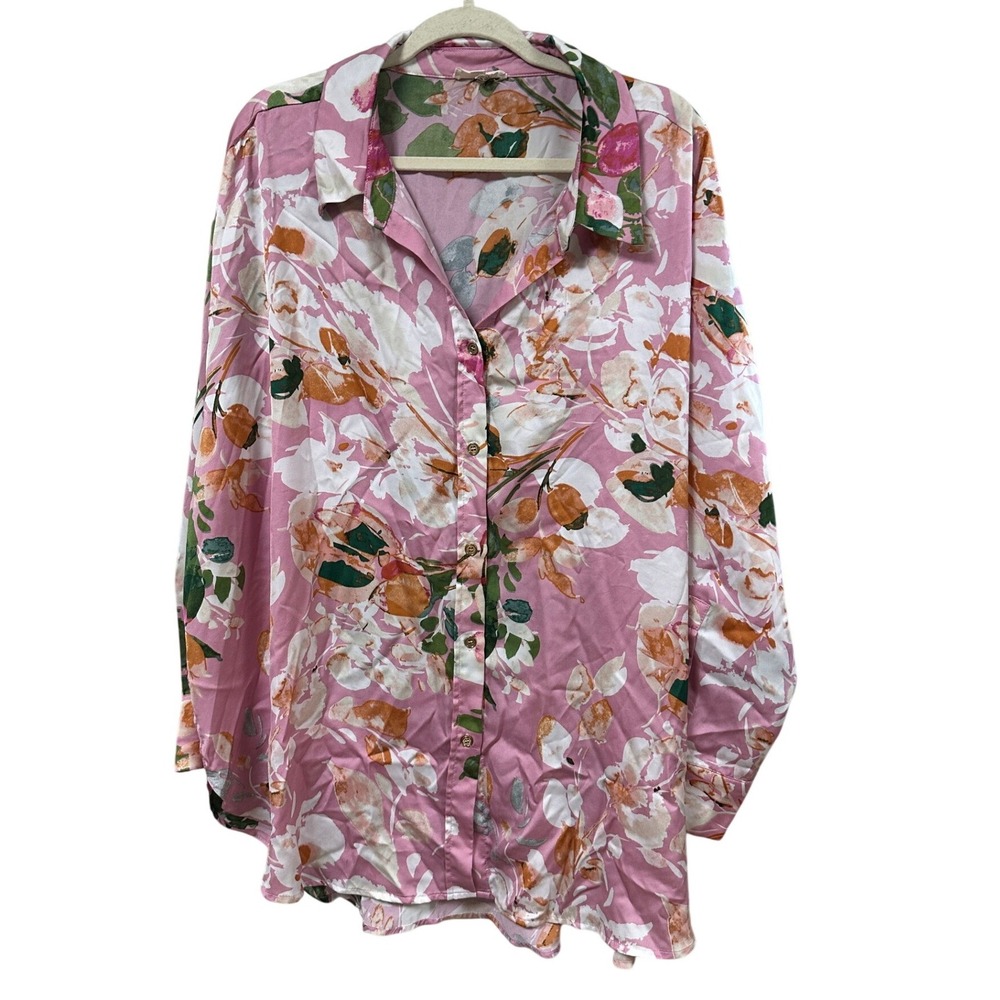 Entro Womens Pink Floral Button Down Blouse Long Sleeve Satiny Top‎ 2X T19693P